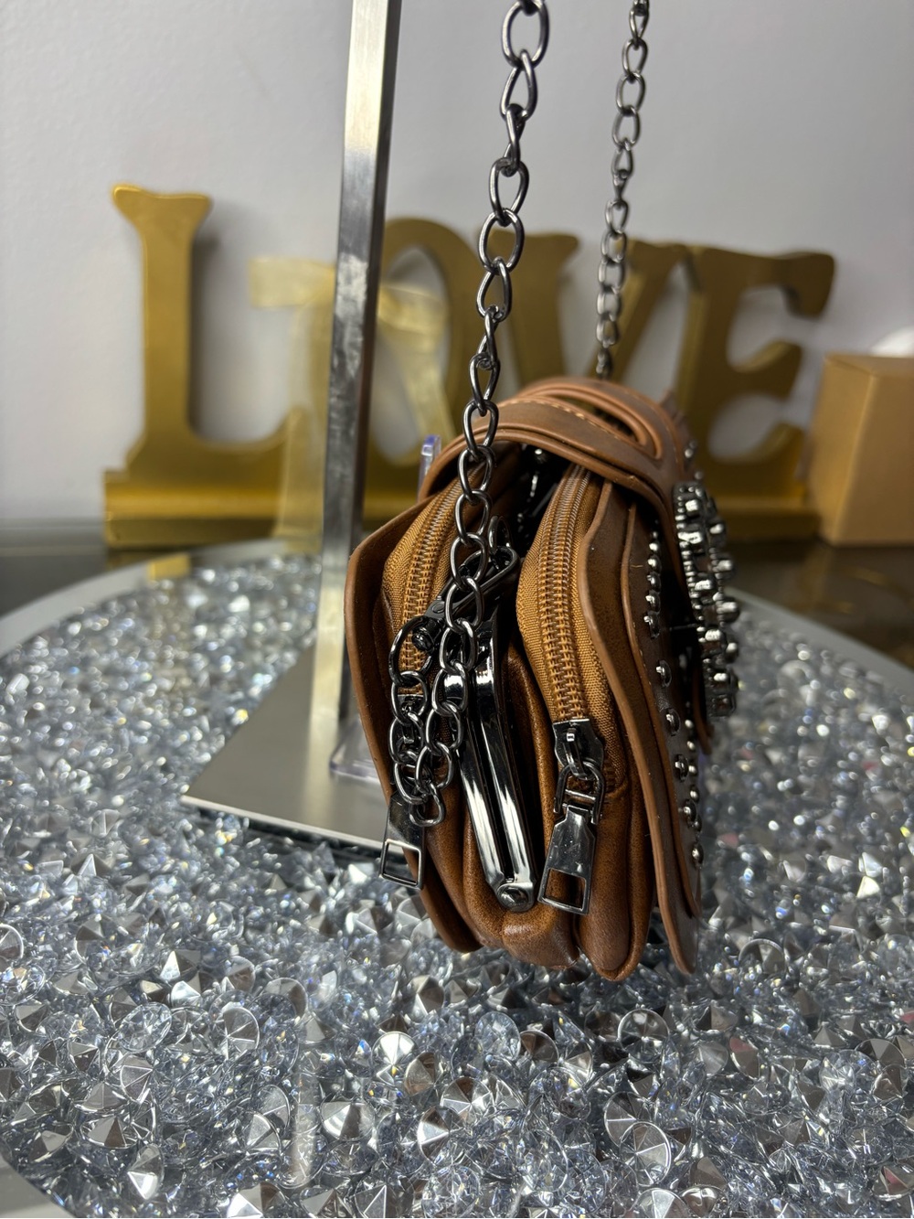 Rhinestone buckle Studded Brown Leather Crossbody NWOT - Picture 8 of 16